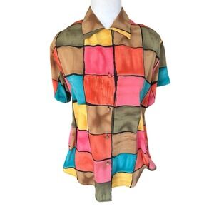 Le Caviar Vintage Blouse Desert Tones Square Print SZ S